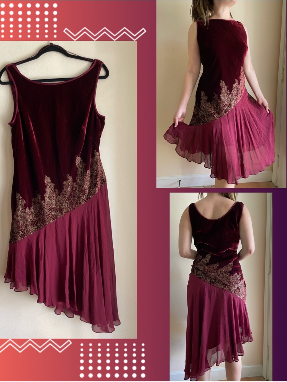Adrianna Papell Vintage 90’s/2000’s Burgundy Velvet Cocktail Dress